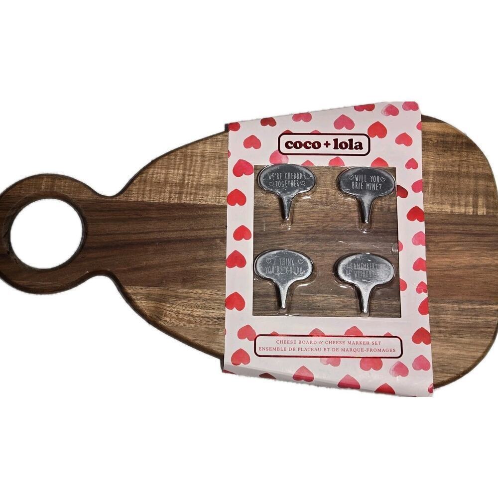Coco + Lola Cheese Board & Cheese Marker Set Acacia Wood LOVE NWT Charcuterie